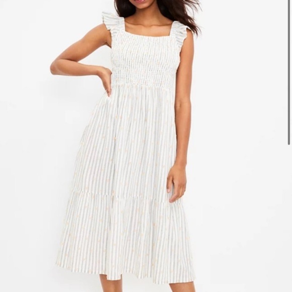 NWT Loft Petite Clip Stripe Smocked Ruffle Midi Dress